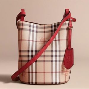 NWT Burberry Haymarket Check Poppy Red Bucket Bag